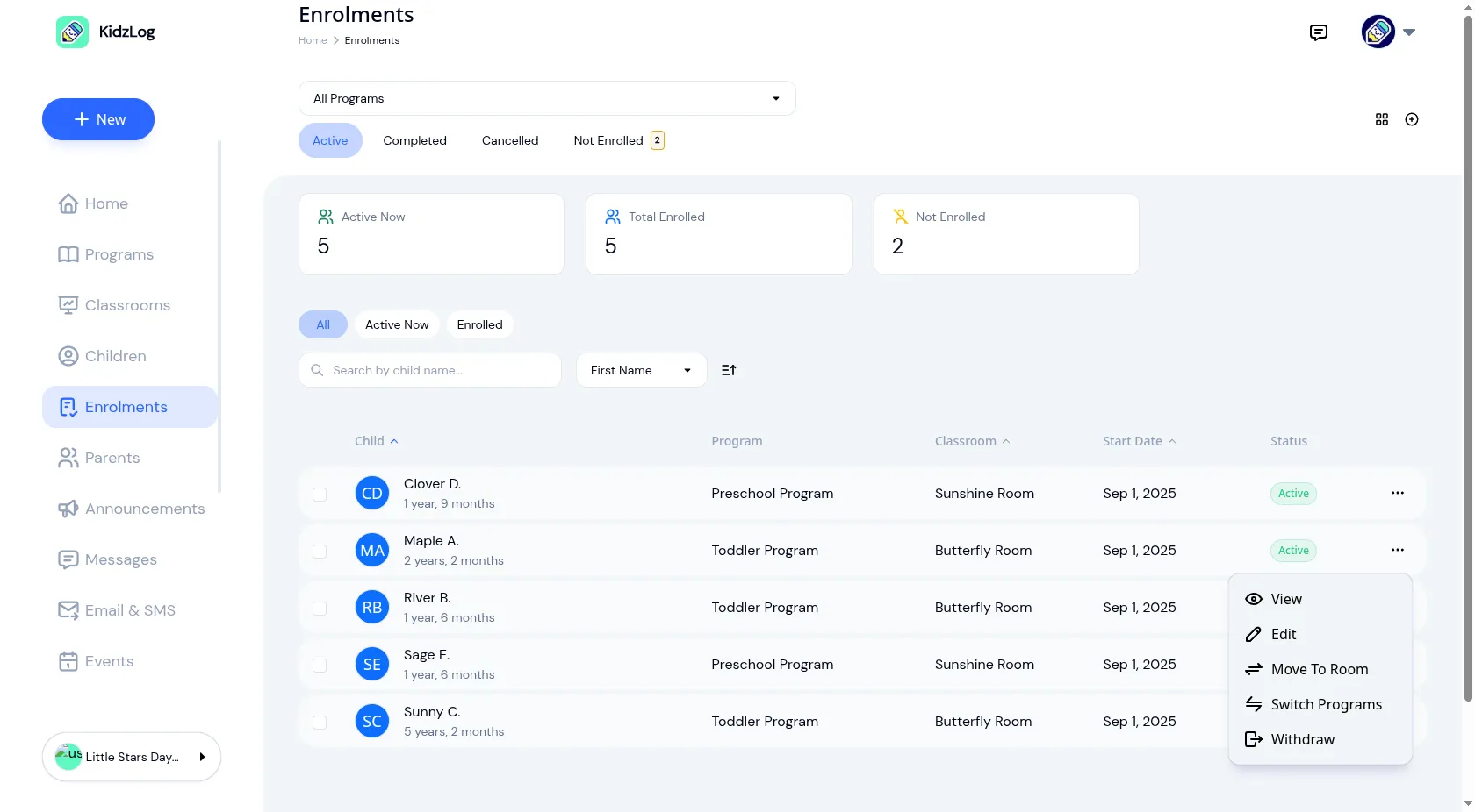 Action dropdown showing View, Edit, Move to Room, Switch Programs, and Withdraw options on an enrollment
