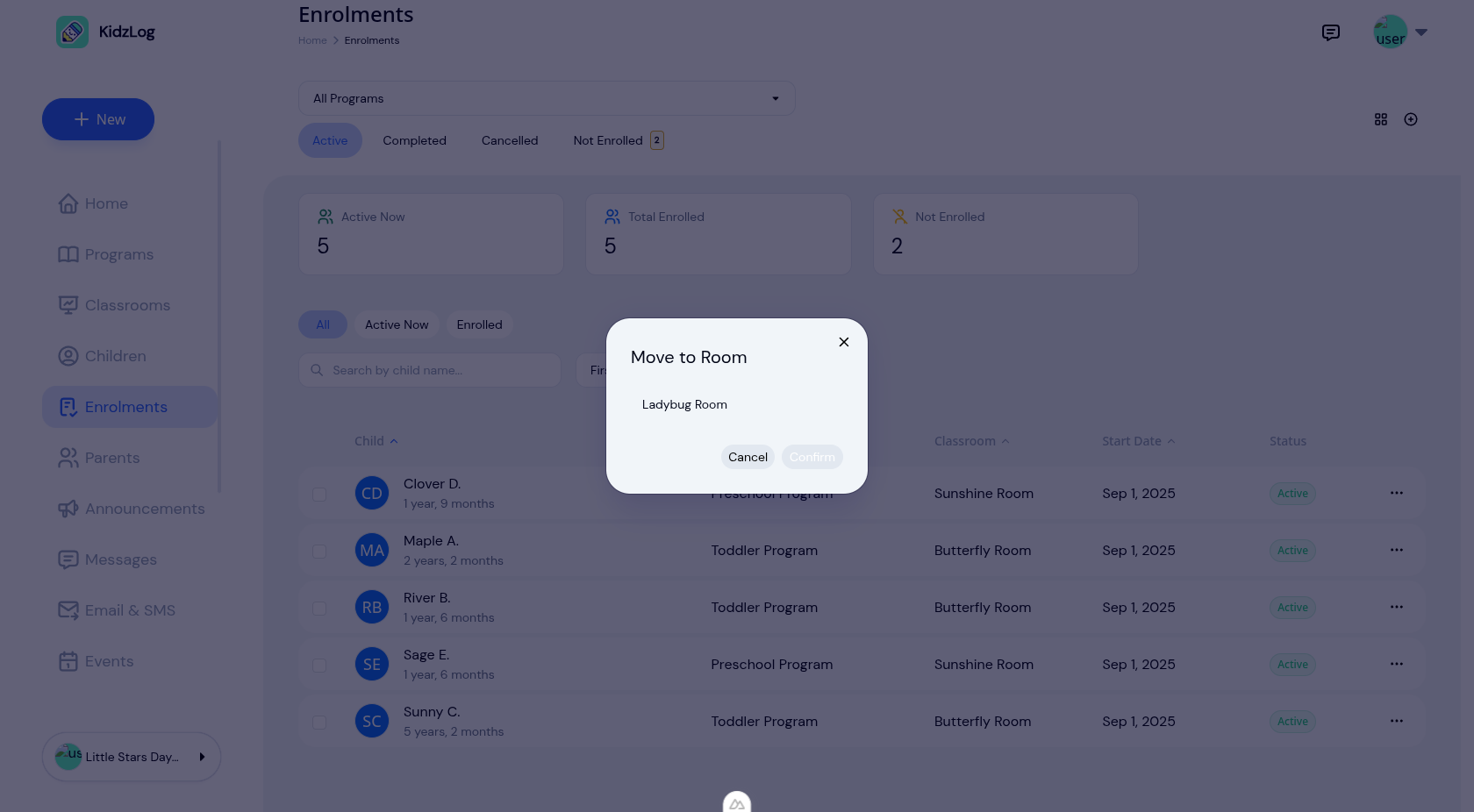 Quick move modal showing Ladybug Room as an available classroom
