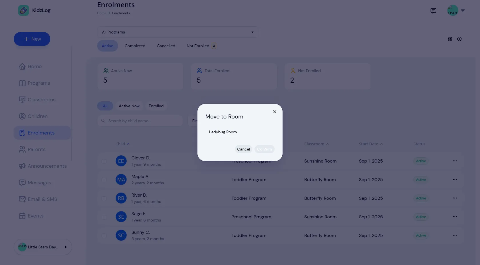 Quick move modal showing Ladybug Room as an available classroom