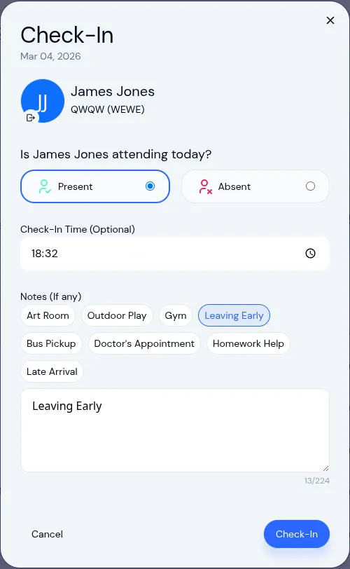 Check-in modal showing predefined note pills — tap one and it fills the notes field instantly