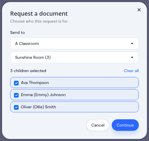 The KidzLog request dialog with the Sunshine Room selected and its three children listed and ticked
