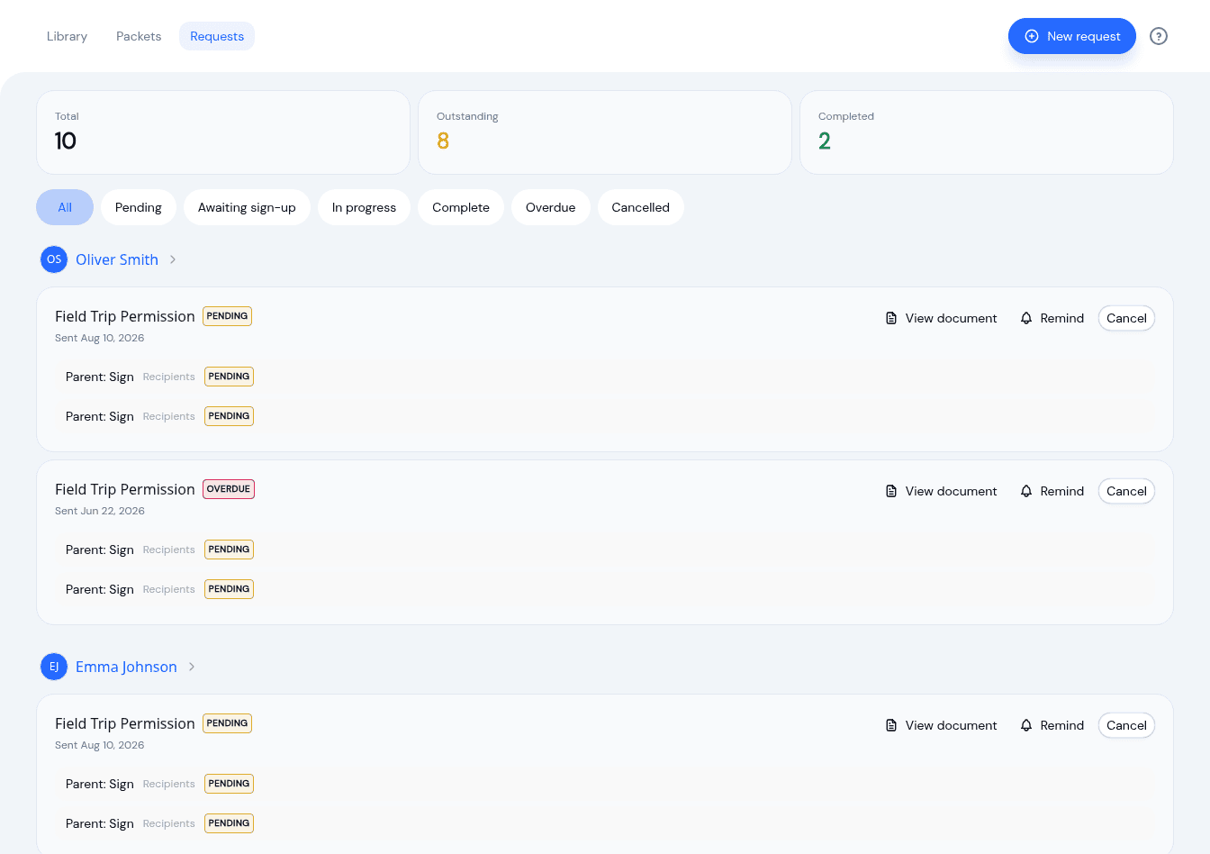 The KidzLog document requests dashboard, showing totals and per-family requests with pending, overdue and complete statuses