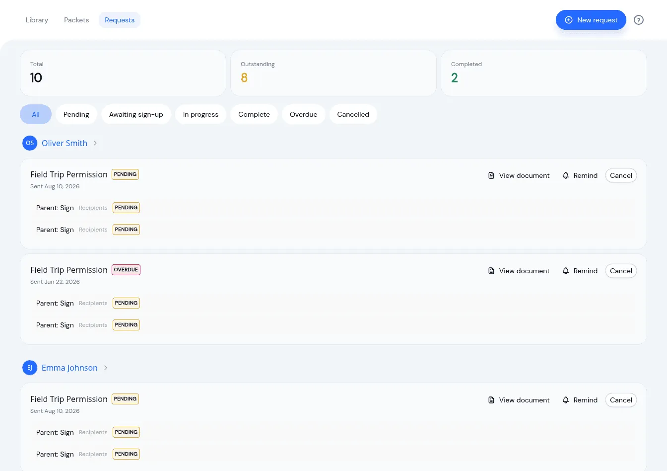 The KidzLog document requests dashboard, showing totals and per-family requests with pending, overdue and complete statuses