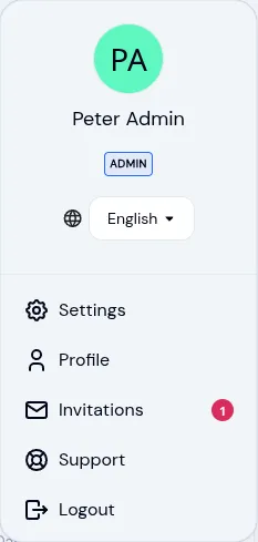 Avatar dropdown menu showing the Invitations entry with a red badge