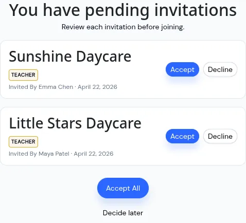 The pending invitations screen shown after login