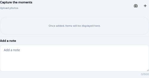 Camera and upload buttons in the activity form media section