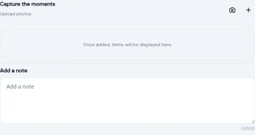 Camera and upload buttons in the activity form media section