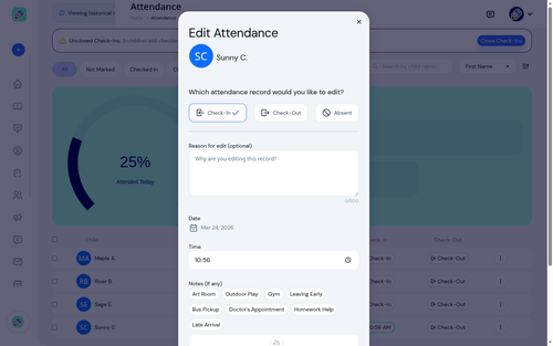Edit attendance modal with time correction and required edit reason