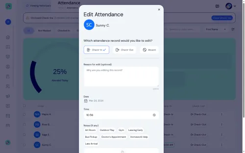 Edit attendance modal with time correction and required edit reason