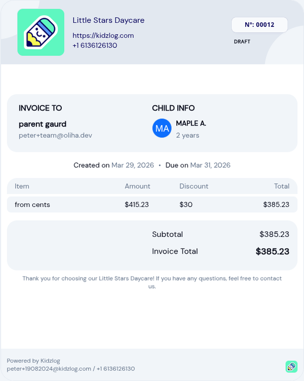 Invoice preview showing a line item with amount, discount, and correctly calculated total