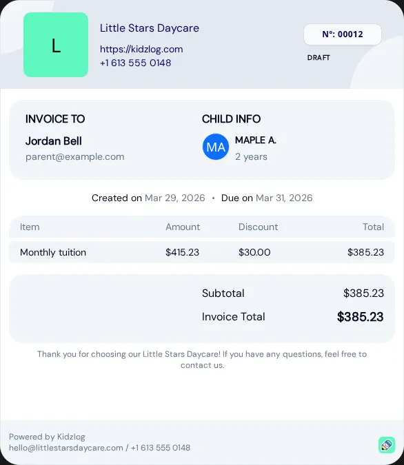 Invoice preview showing a line item with amount, discount, and correctly calculated total
