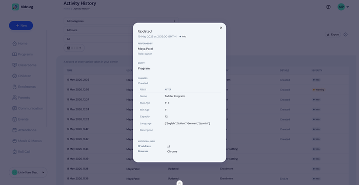 Detail view showing before-and-after values for a child profile edit