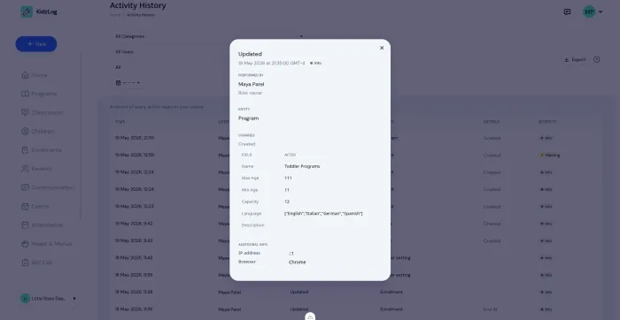 Detail view showing before-and-after values for a child profile edit