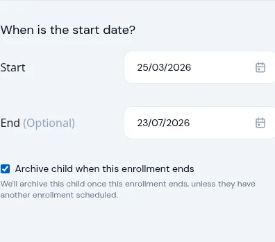 Enrollment form showing the new auto-archive checkbox under the end date