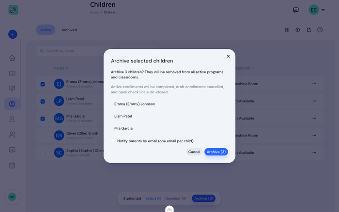 Bulk archive confirmation modal showing three selected children, the cascade summary, and an opt-in parent notification checkbox