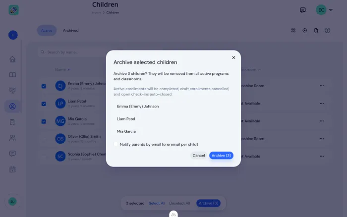 Bulk archive confirmation modal showing three selected children, the cascade summary, and an opt-in parent notification checkbox