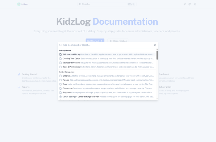 Documentation search showing results grouped by section