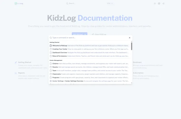 Documentation search showing results grouped by section