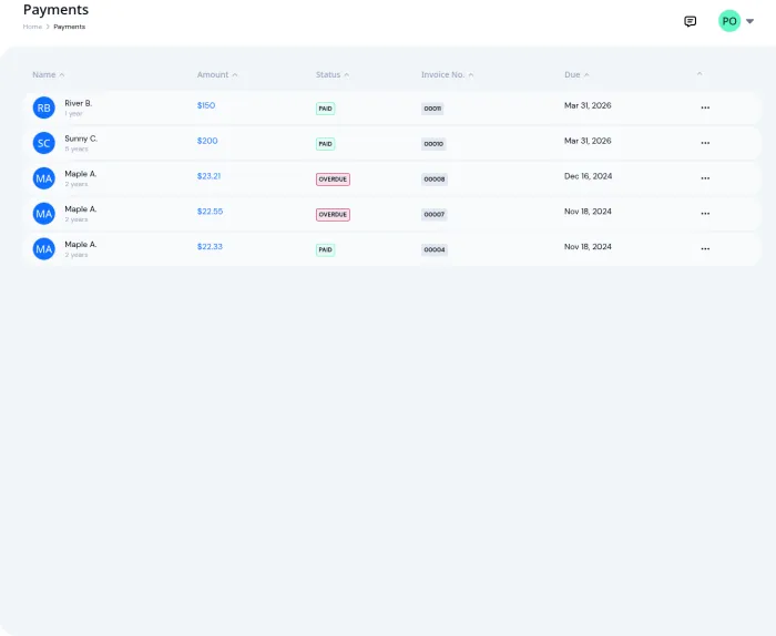 Invoice list with overdue status badges highlighted in red for past-due invoices