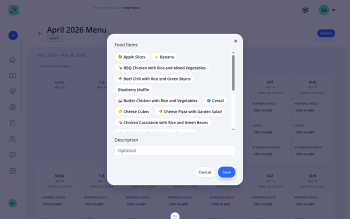 Meal editor modal showing the food picker with emoji icons
