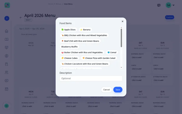 Meal editor modal showing the food picker with emoji icons