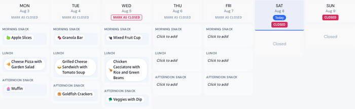 A week of the menu builder with meals planned for each day and the weekend marked closed