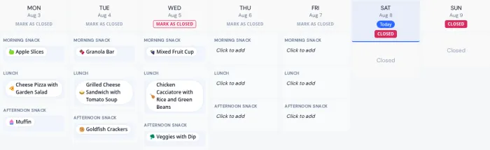 A week of the menu builder with meals planned for each day and the weekend marked closed