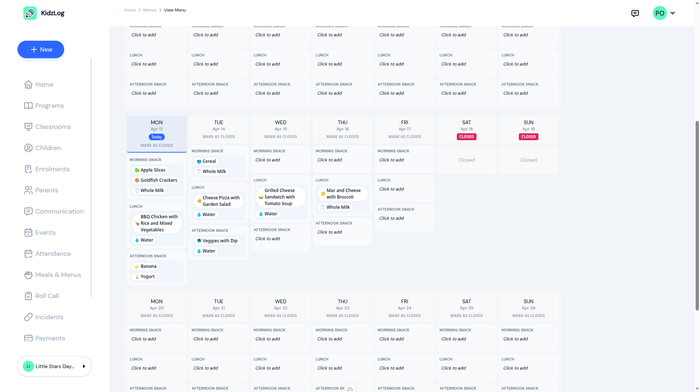 Monthly menu builder showing a weekly grid with food items assigned to meal slots