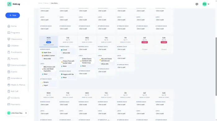 Monthly menu builder showing a weekly grid with food items assigned to meal slots