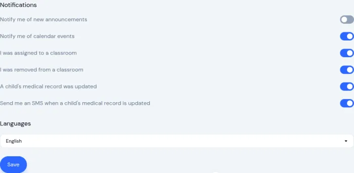 Teacher notification settings showing the new classroom and medical toggles, including the optional SMS toggle