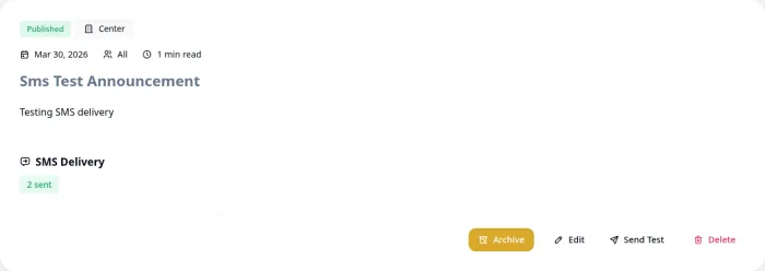 Announcement view showing SMS Delivery status