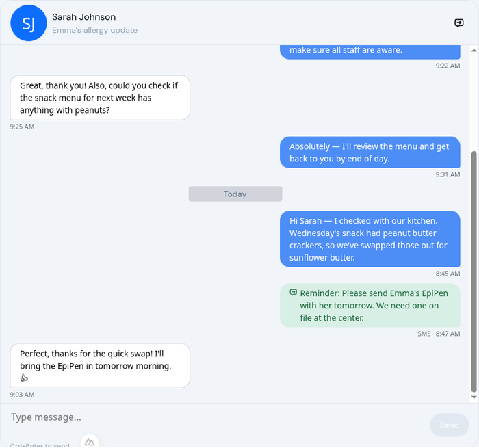 Conversation with SMS message inline alongside regular messages