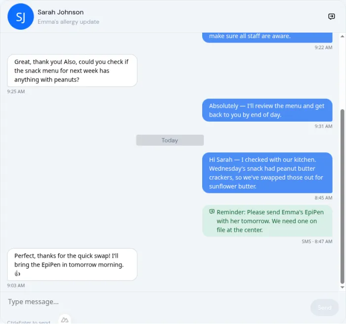 Conversation with SMS message inline alongside regular messages