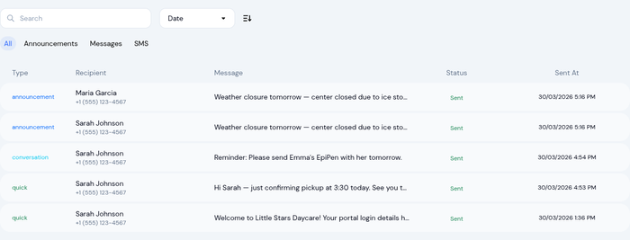 SMS Log showing all sent messages with type, recipient, and delivery status