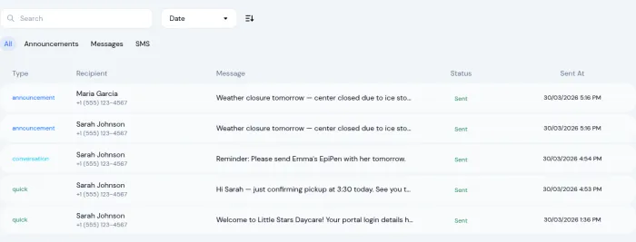 SMS Log showing all sent messages with type, recipient, and delivery status