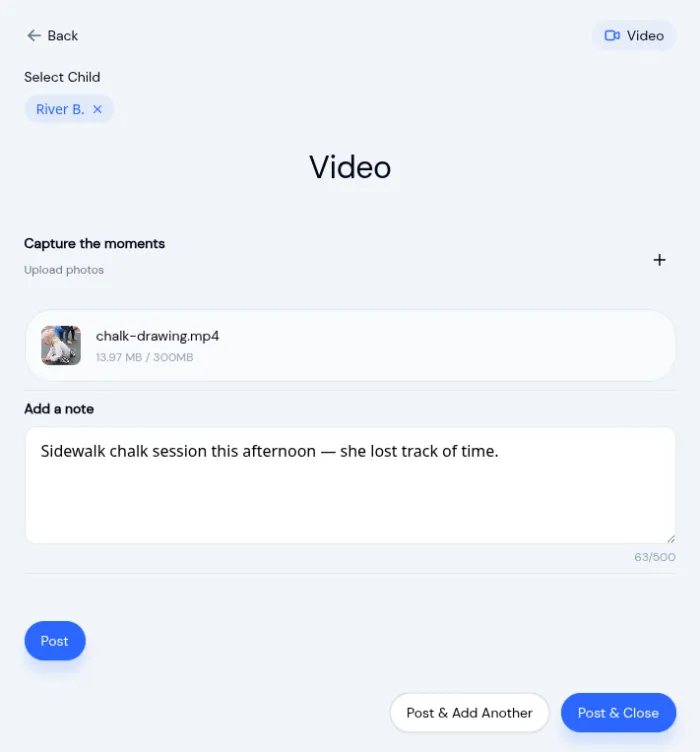 Video upload form showing a staged file with a size indicator and a notes field
