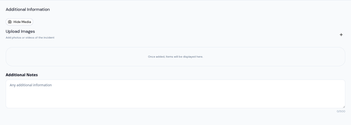 Incident report form with a media upload zone that accepts photos or videos of the incident