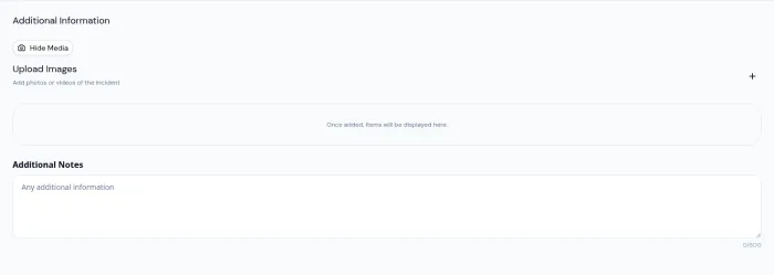 Incident report form with a media upload zone that accepts photos or videos of the incident