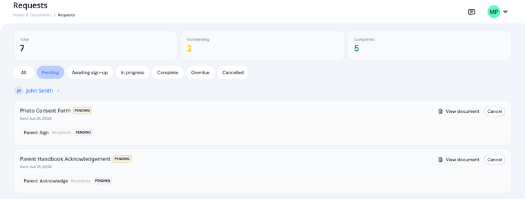 KidzLog documents dashboard filtered to pending requests, showing a child with a photo consent form to sign and a handbook to acknowledge