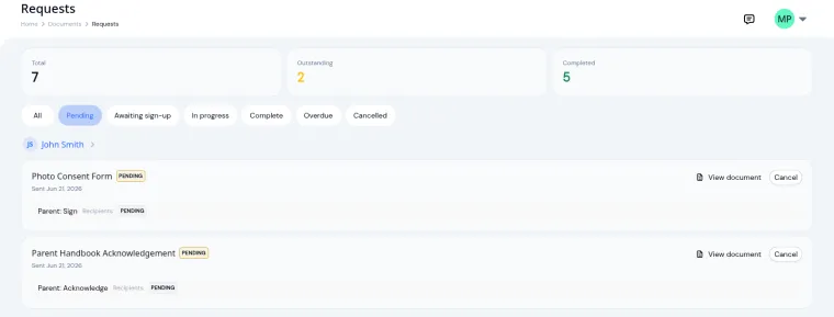 KidzLog documents dashboard filtered to pending requests, showing a child with a photo consent form to sign and a handbook to acknowledge