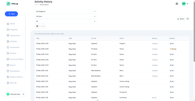 Admin Activity History page with category, user, and severity filters