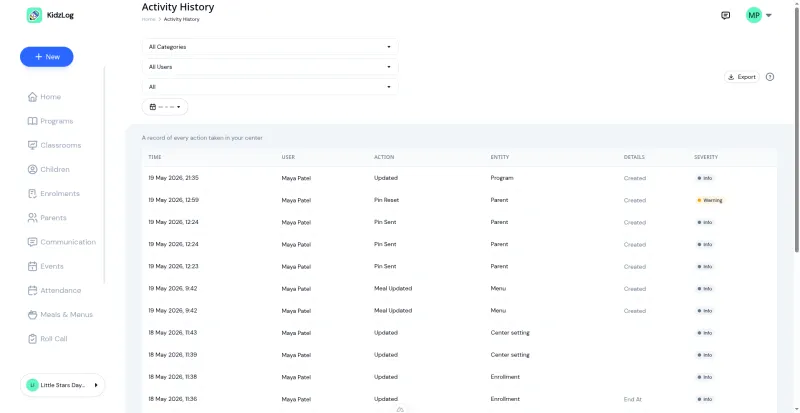 Admin Activity History page with category, user, and severity filters