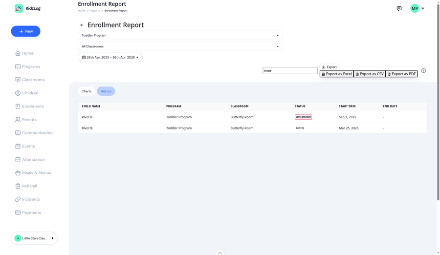 Export dropdown showing Excel, CSV, and PDF options