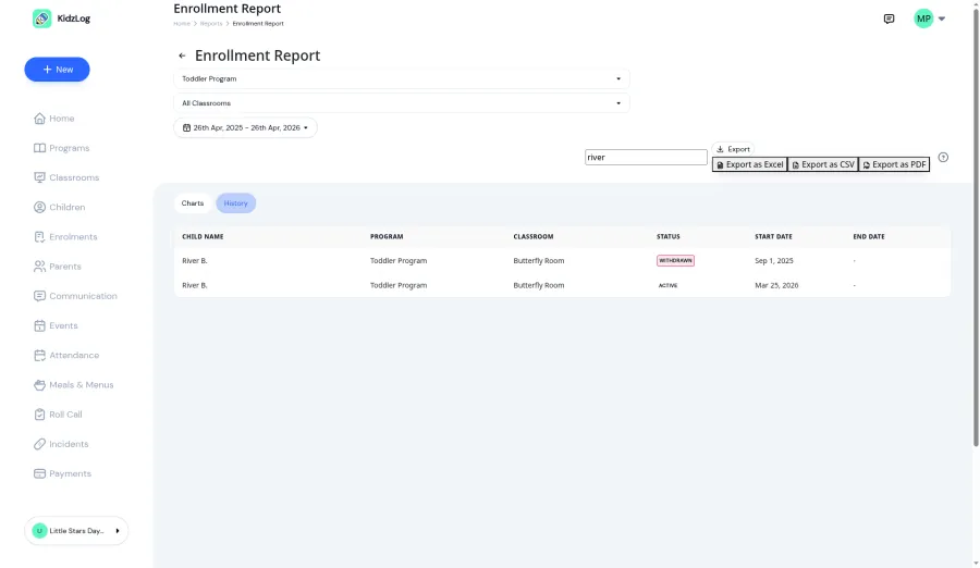 Export dropdown showing Excel, CSV, and PDF options