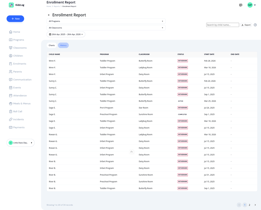 History tab showing paginated enrollments with colour-coded status badges