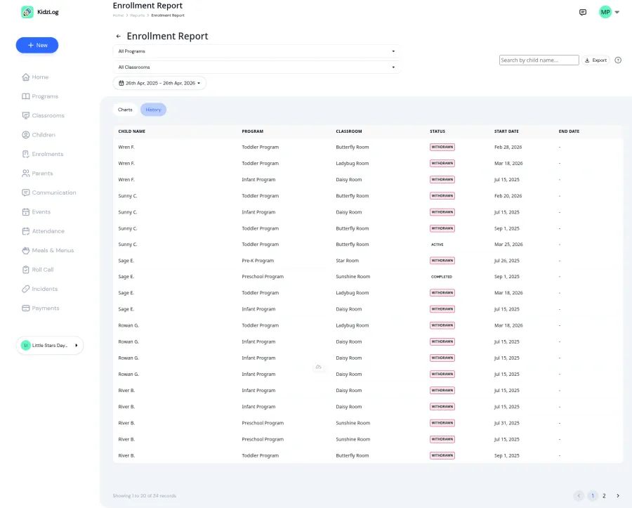 History tab showing paginated enrollments with colour-coded status badges