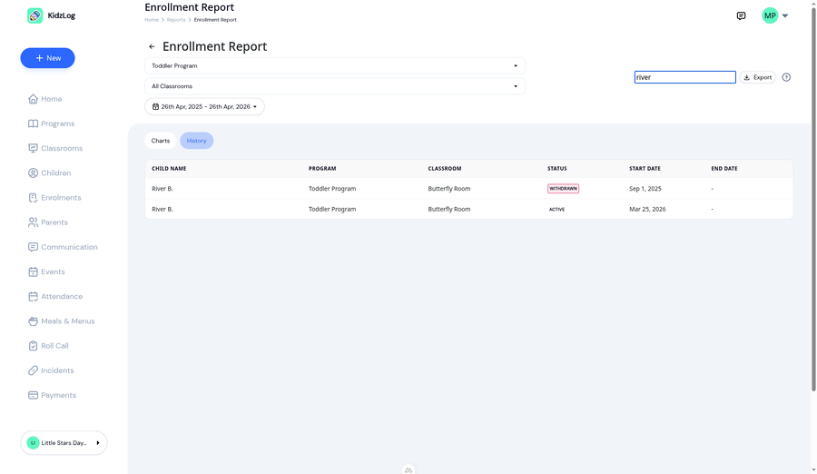 Filtered search showing a single child's enrollment history