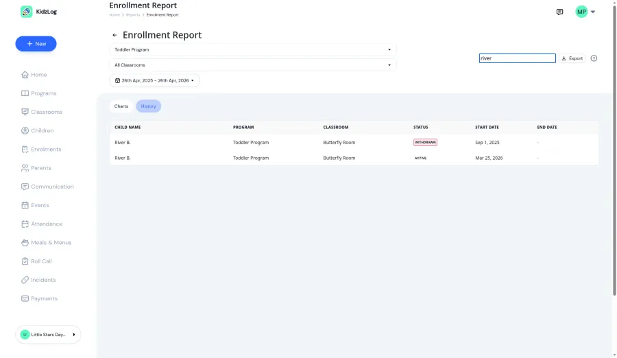 Filtered search showing a single child's enrollment history