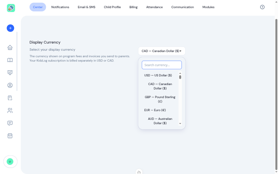 Display currency picker showing a searchable list of world currencies with USD, CAD, GBP, EUR at the top