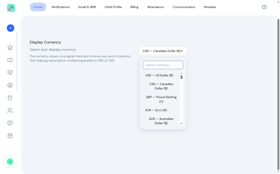 Display currency picker showing a searchable list of world currencies with USD, CAD, GBP, EUR at the top